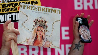 A protest in support of pop star Britney Spears on the day of a conservatorship case hearing at Stanley Mosk Courthouse in Los Angeles